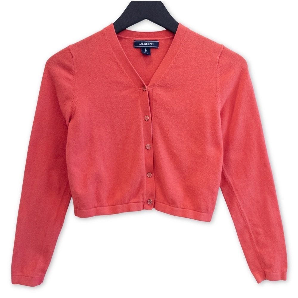 Lands End Kids Cardigan Sweater Girls L 100% Cotton Button Front Twee Preppy